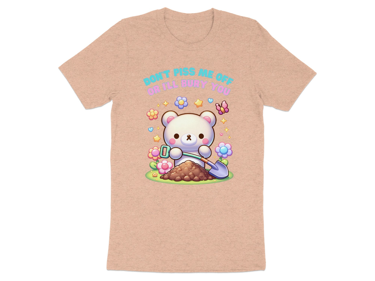 White bear holding a shovel by a pile of dirt with flowers and text.