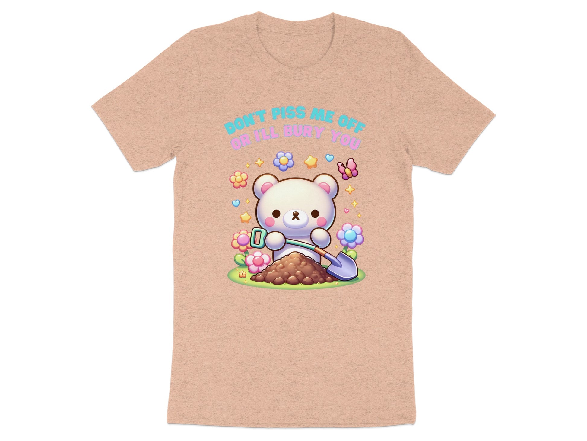 White bear holding a shovel by a pile of dirt with flowers and text.