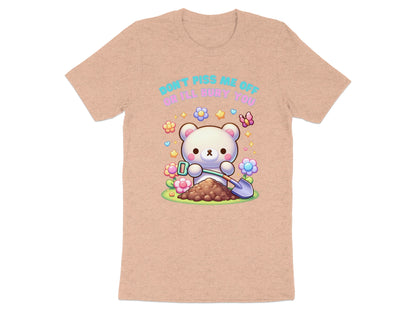 White bear holding a shovel by a pile of dirt with flowers and text.