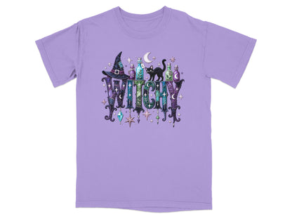 Purple t-shirt with a witch hat, potions, black cat, and "WITCHY" text.