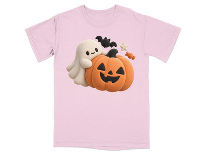 Pink t-shirt with a ghost hugging a jack-o'-lantern, bat, and candy design.