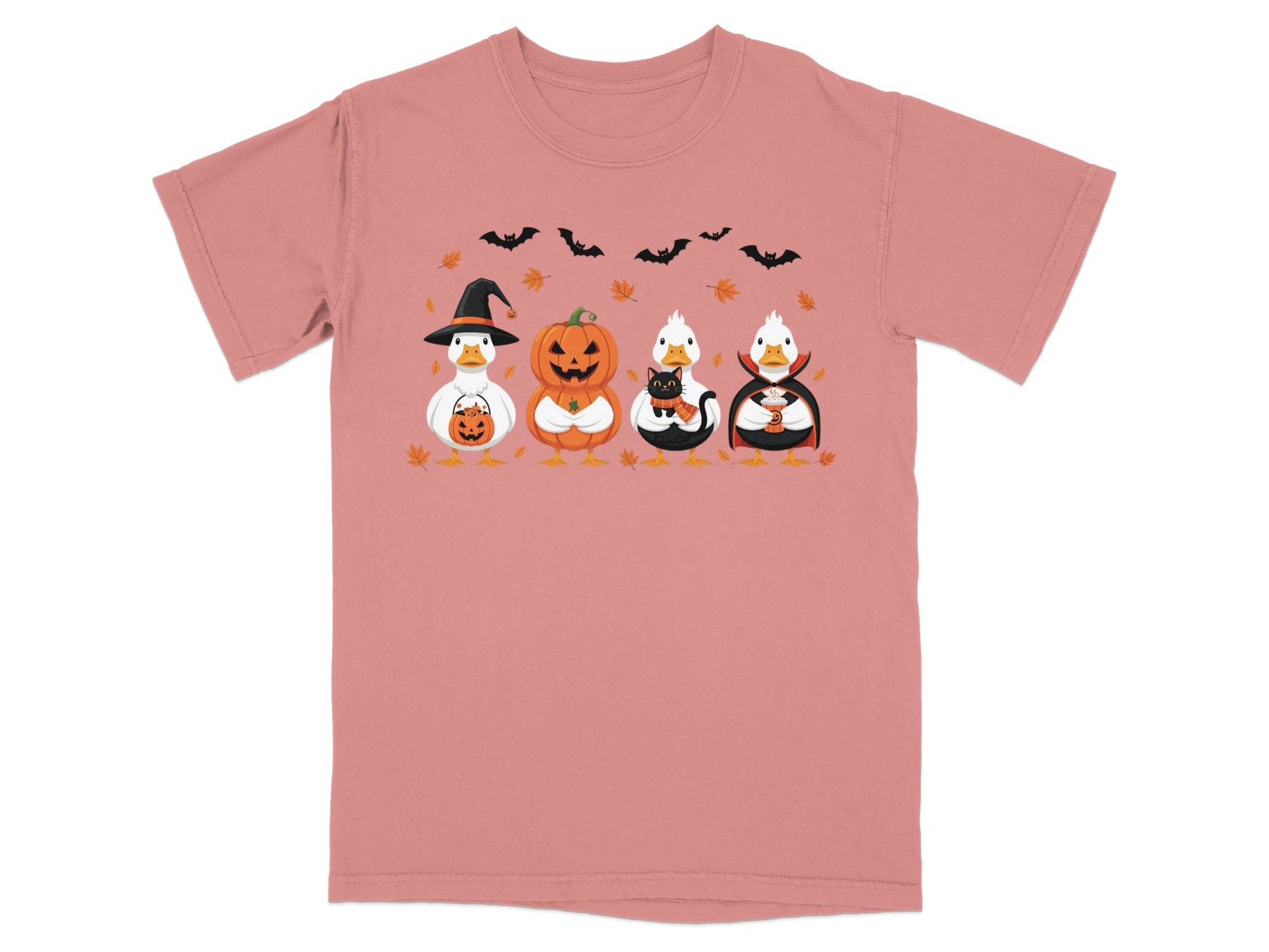 Ducks in Halloween costumes: witch, pumpkin, black cat, and vampire with bats and leaves.
