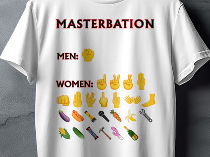 White t-shirt with "MASTERBATION" text, showing men's and women's emoji representations.