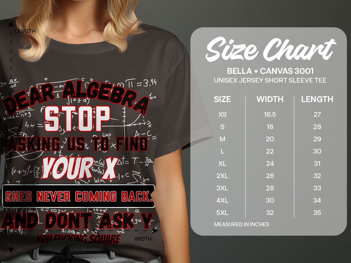 T-shirt with math equations and text "Dear Algebra Stop Asking Us To Find Your X She's Never Coming Back".