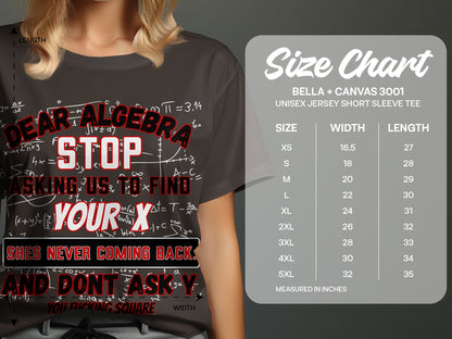 T-shirt with math equations and text "Dear Algebra Stop Asking Us To Find Your X She's Never Coming Back".