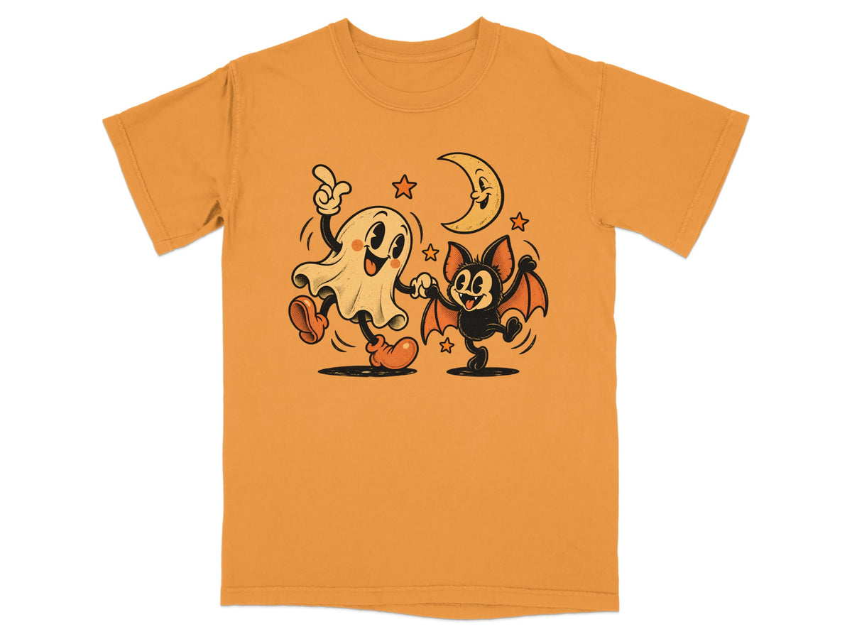 Animated ghost and bat dancing under a crescent moon with stars.