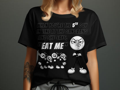 Black t-shirt with text and cartoon characters, front view.