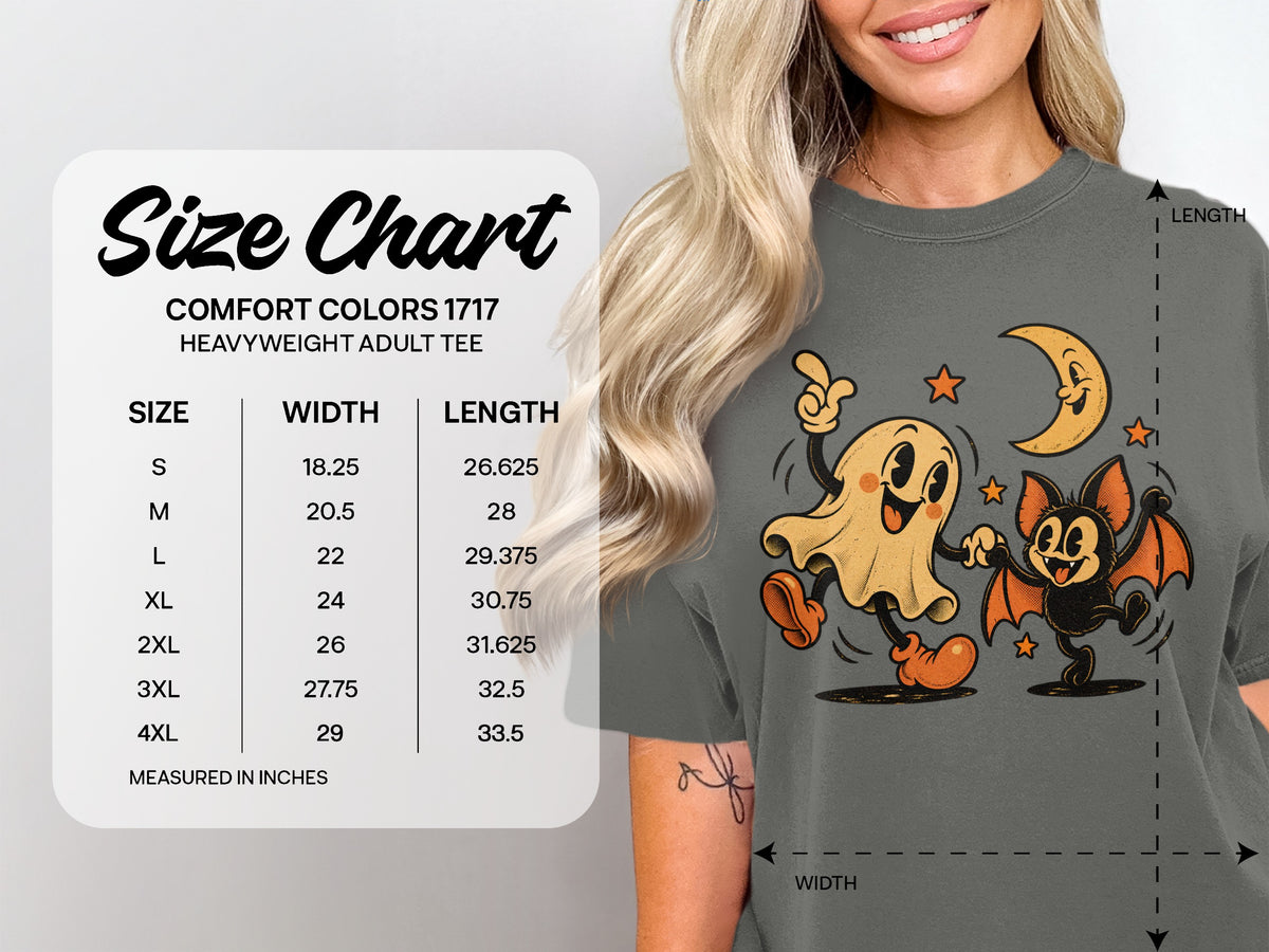 Comfort Colors 1717 heavyweight adult tee size chart showing width and length measurements.