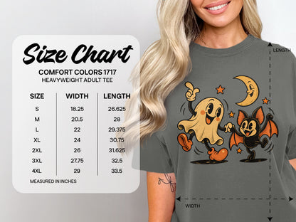 Comfort Colors 1717 heavyweight adult tee size chart showing width and length measurements.
