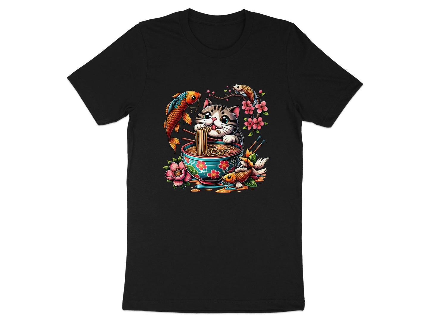 Cute Cat Eating Ramen T Shirt, Koi Fish Shirt, Anime Manga Style Tee, Asian Food Lover Gift, Funny Kitten Noodle Graphic Shirt, Kawaii Style