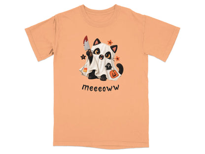 Orange t-shirt with a Halloween cat ghost holding a bloody knife.