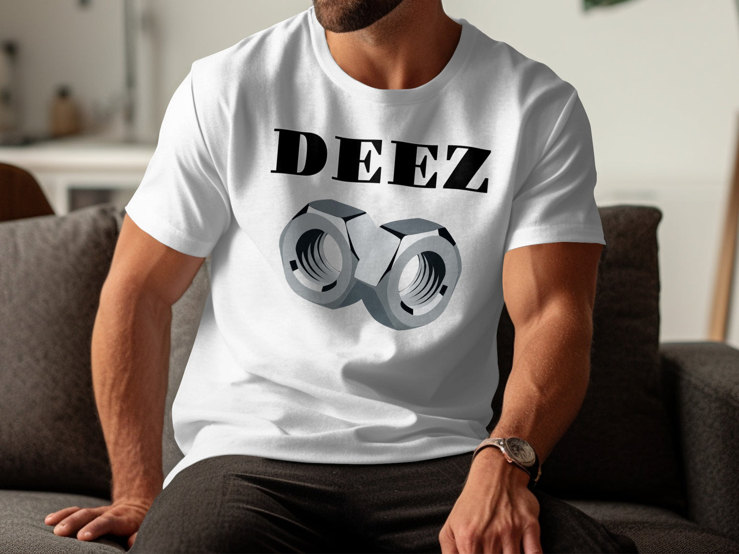 White t-shirt with "DEEZ" text above two grey nuts.