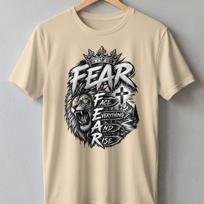 Lion with crown and text "FEAR FACE EVERYTHING AND RISE" with cross and mountains.
