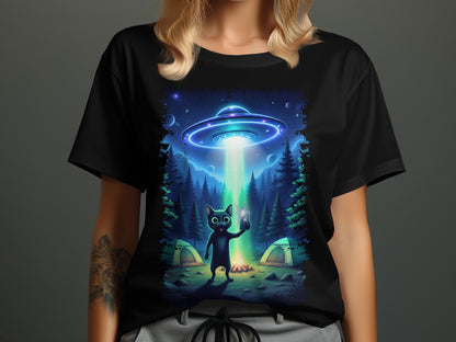 Black t-shirt with a black cat taking a selfie with a UFO beaming light on it.