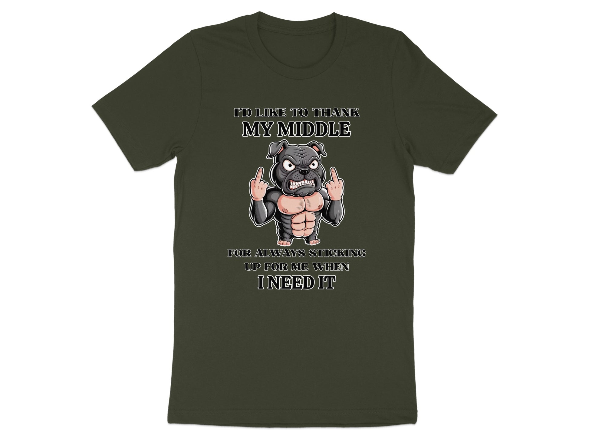 Dark green t-shirt with illustration and text "I'd like to thank my middle for always sticking up for me when I need it."