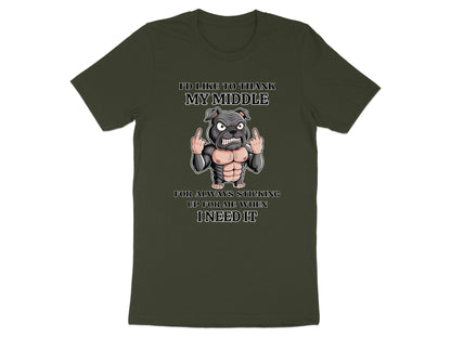 Dark green t-shirt with illustration and text "I'd like to thank my middle for always sticking up for me when I need it."
