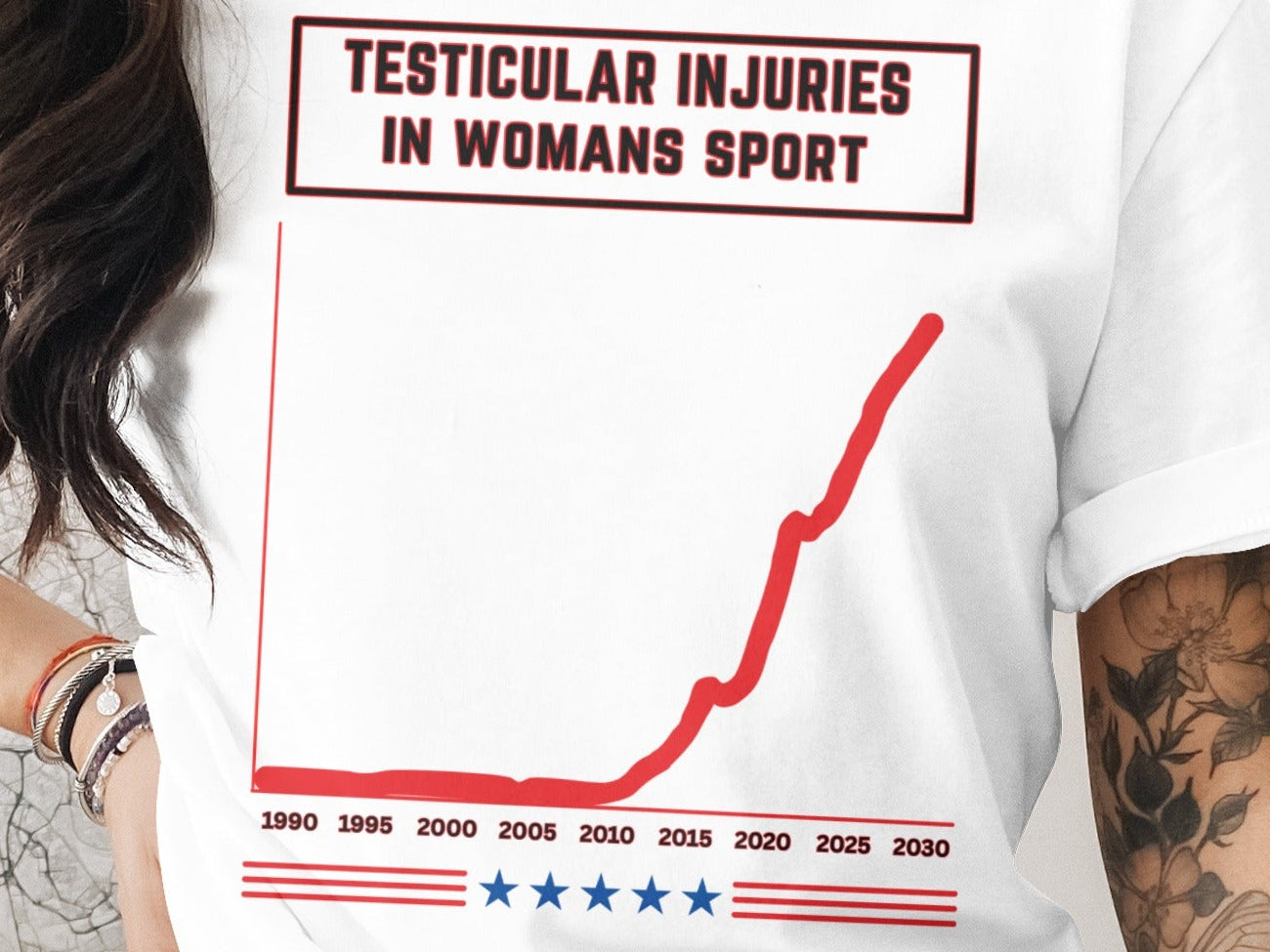 White t-shirt with graphic art about testicular injuries in women's sports.