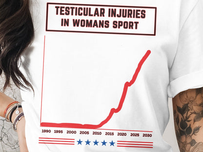 White t-shirt with graphic art about testicular injuries in women's sports.
