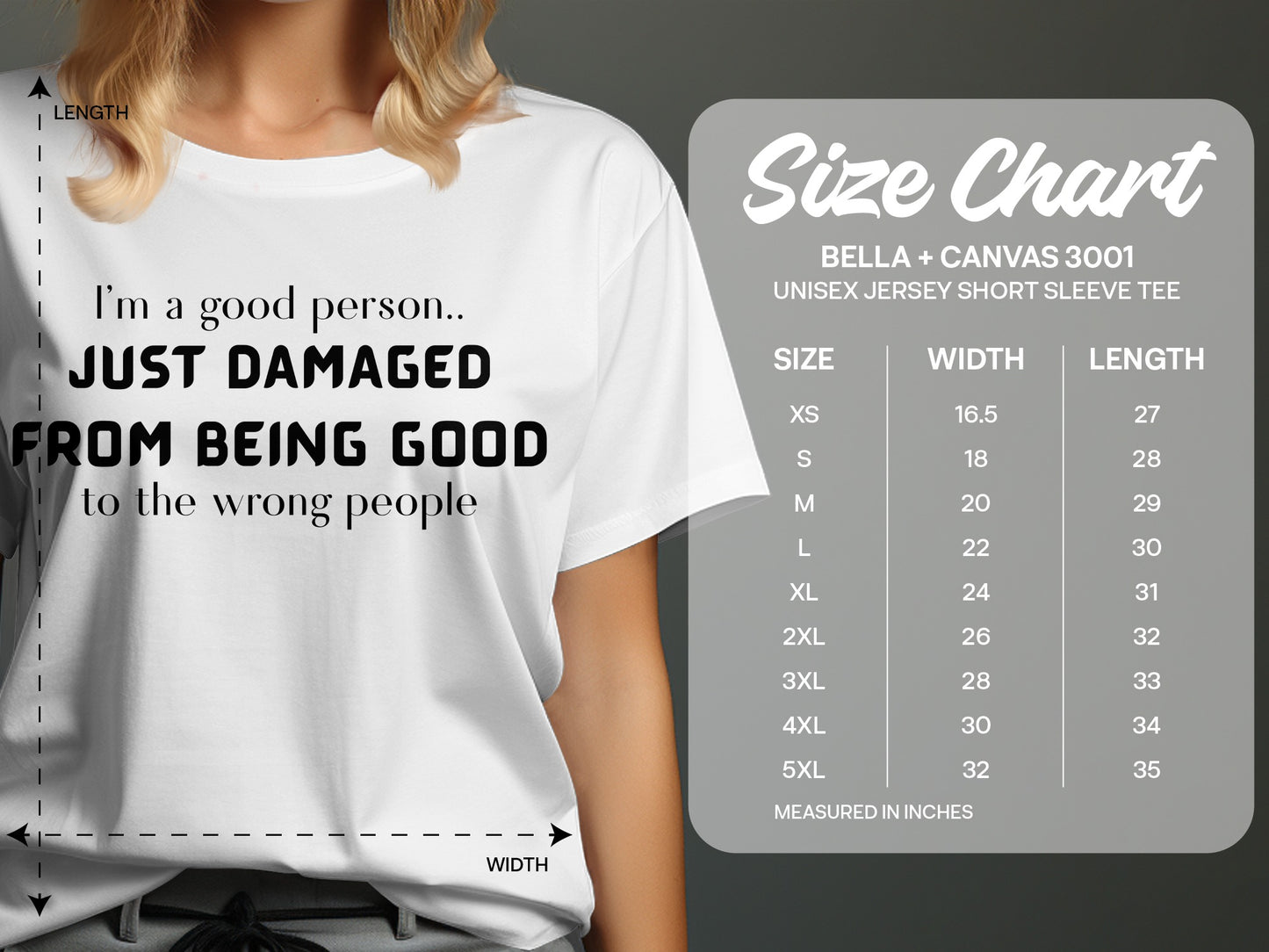 White t-shirt with text, size chart for Bella + Canvas 3001 unisex tee.