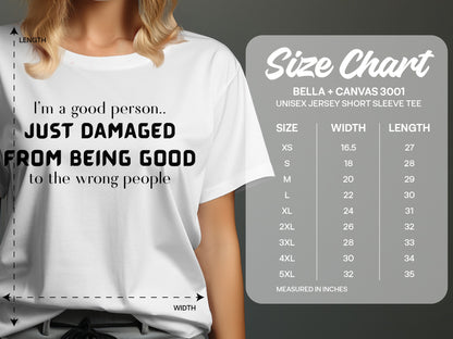 White t-shirt with text, size chart for Bella + Canvas 3001 unisex tee.