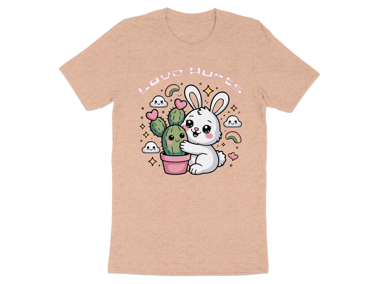 White bunny hugging a cactus with "Love Hurts" text and rainbow accents.