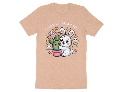 White bunny hugging a cactus with "Love Hurts" text and rainbow accents.