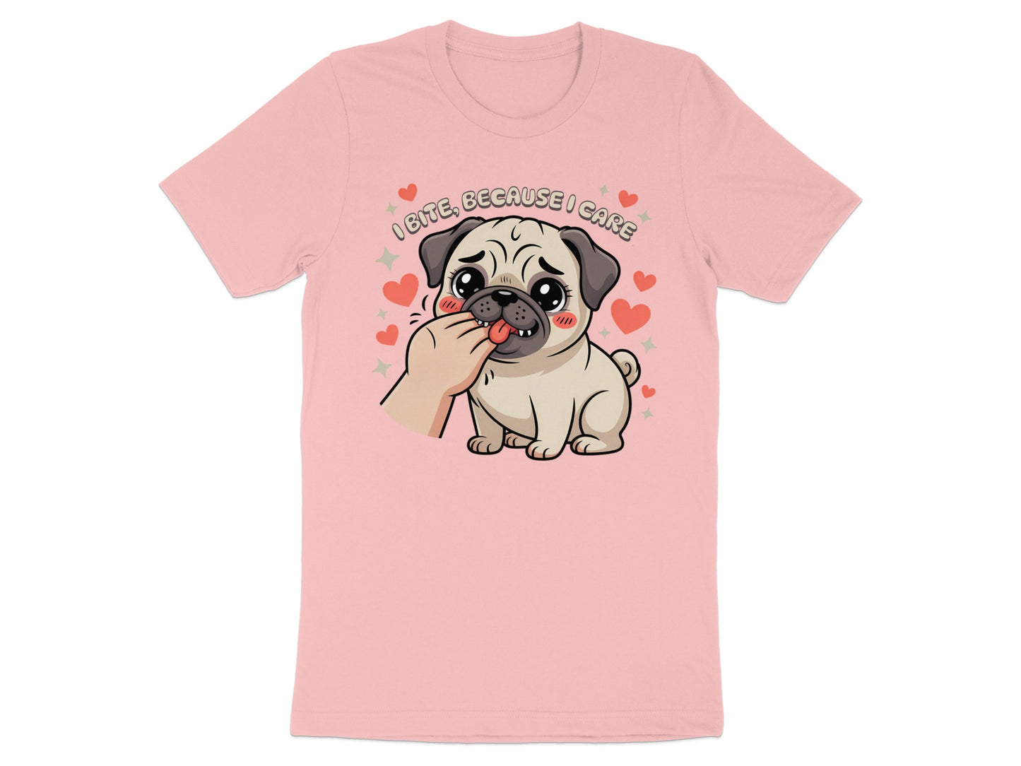 Pink t-shirt with cartoon pug illustration and text "I BITE, BECAUSE I CARE".