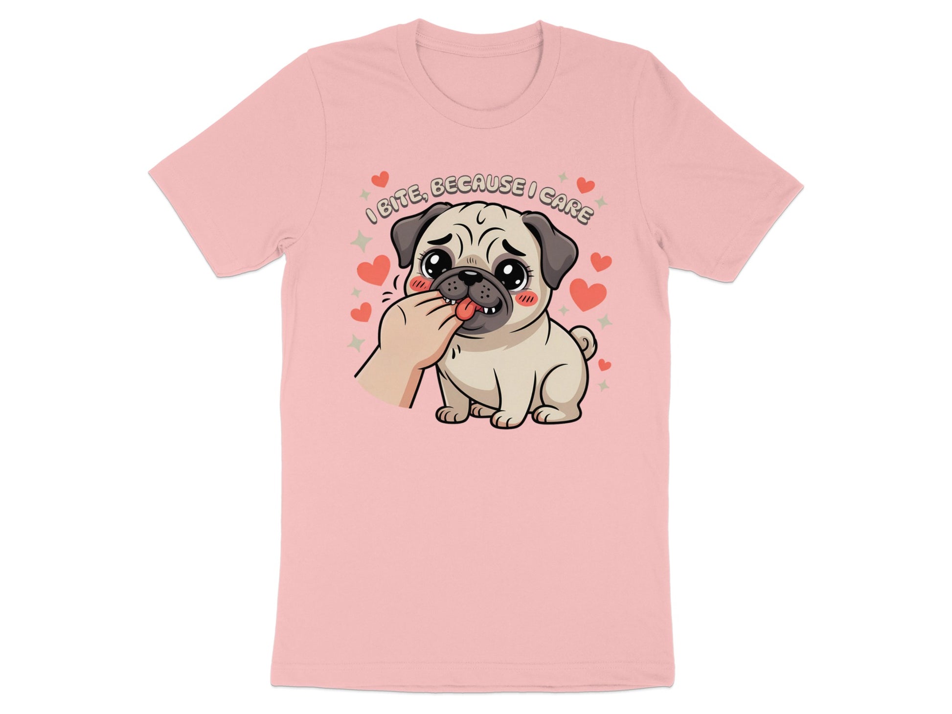 Pink t-shirt with cartoon pug illustration and text "I BITE, BECAUSE I CARE".