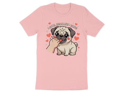 Pink t-shirt with cartoon pug illustration and text "I BITE, BECAUSE I CARE".