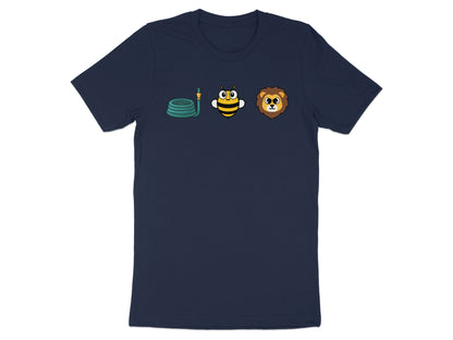 Navy t-shirt with graphics of a coiled hose, a cartoon bee, and a lion's head.