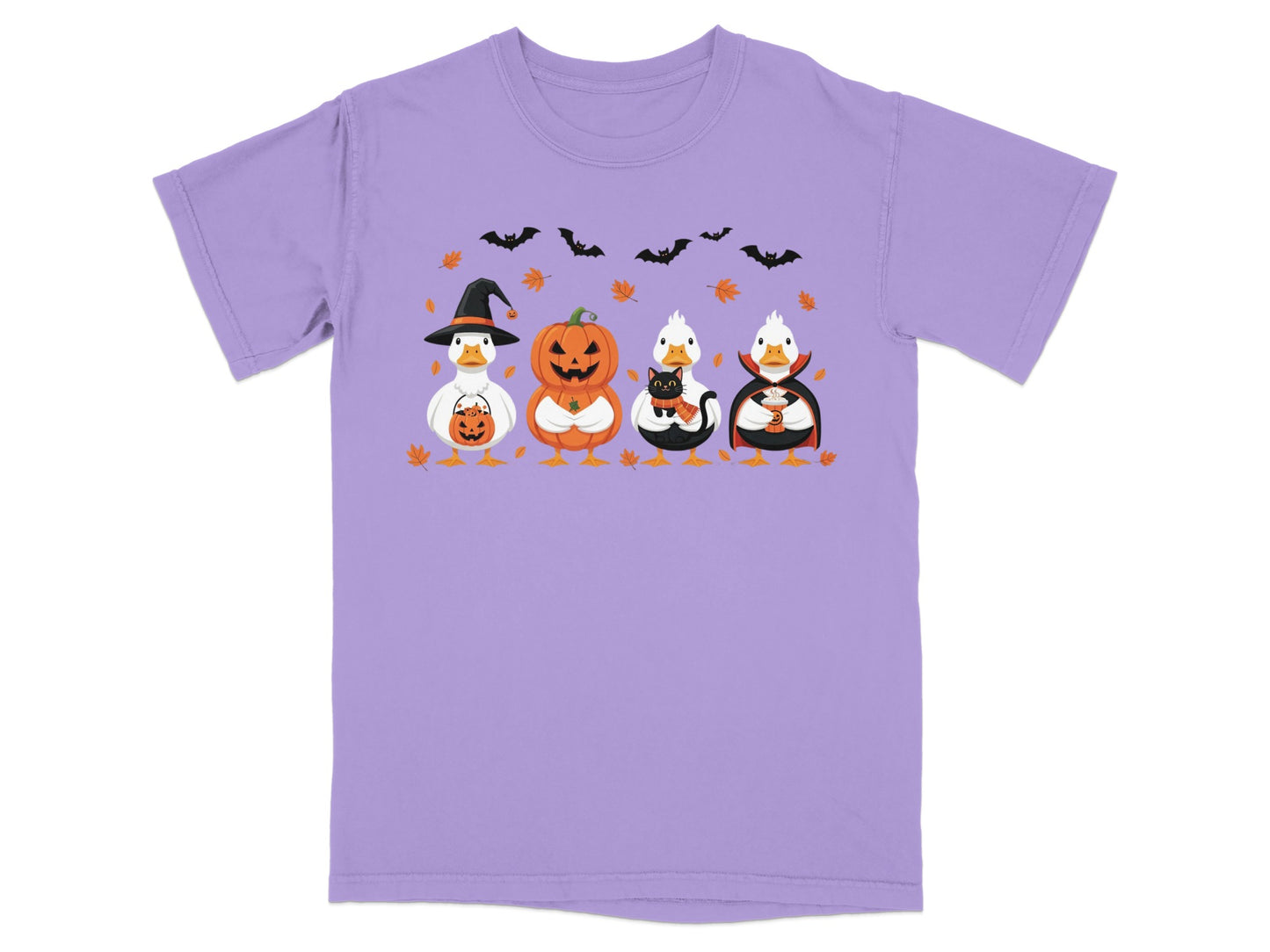 Four ducks dressed for Halloween: witch, pumpkin, black cat, and vampire.
