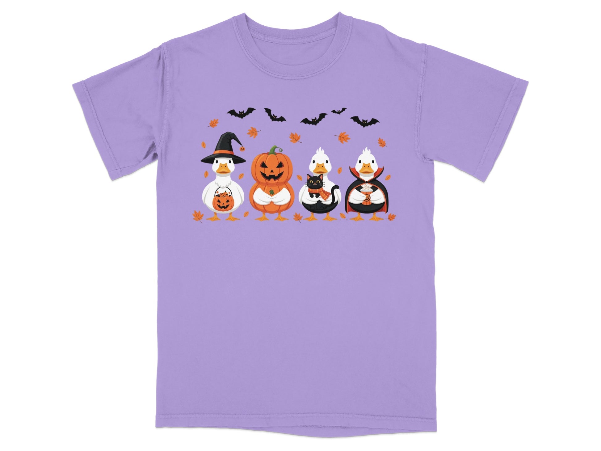 Four ducks dressed for Halloween: witch, pumpkin, black cat, and vampire.