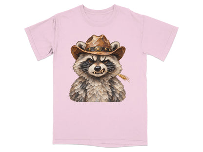 Pink t-shirt with a distressed raccoon wearing a cowboy hat holding a stalk of wheat.
