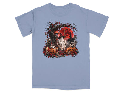 Halloween scene with ghost on swing, raccoons, pumpkins, skulls, and red moon.