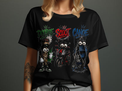 Black t-shirt with cartoon characters: a joint, motorcycle, and canoe with text "Doobie," "Scoot," and "Canoe."