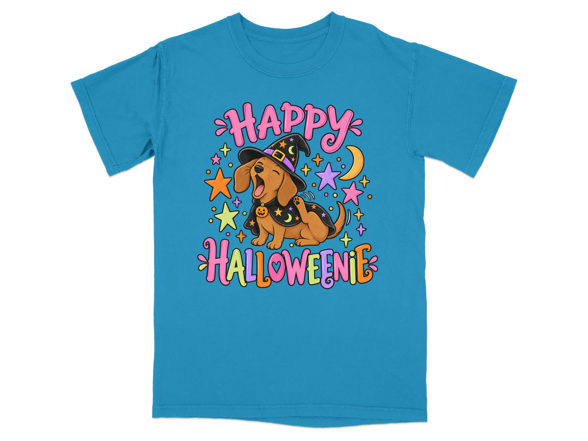 Teal t-shirt with Halloween dachshund graphic and text.