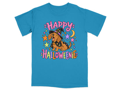 Teal t-shirt with Halloween dachshund graphic and text.