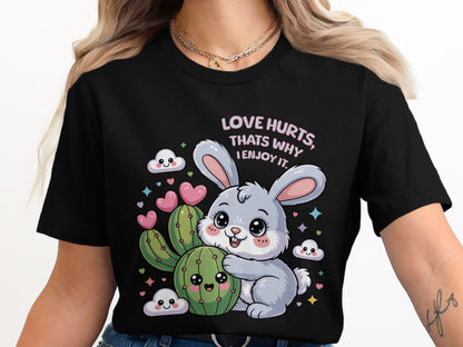 A gray bunny hugs a smiling cactus, with hearts and clouds.