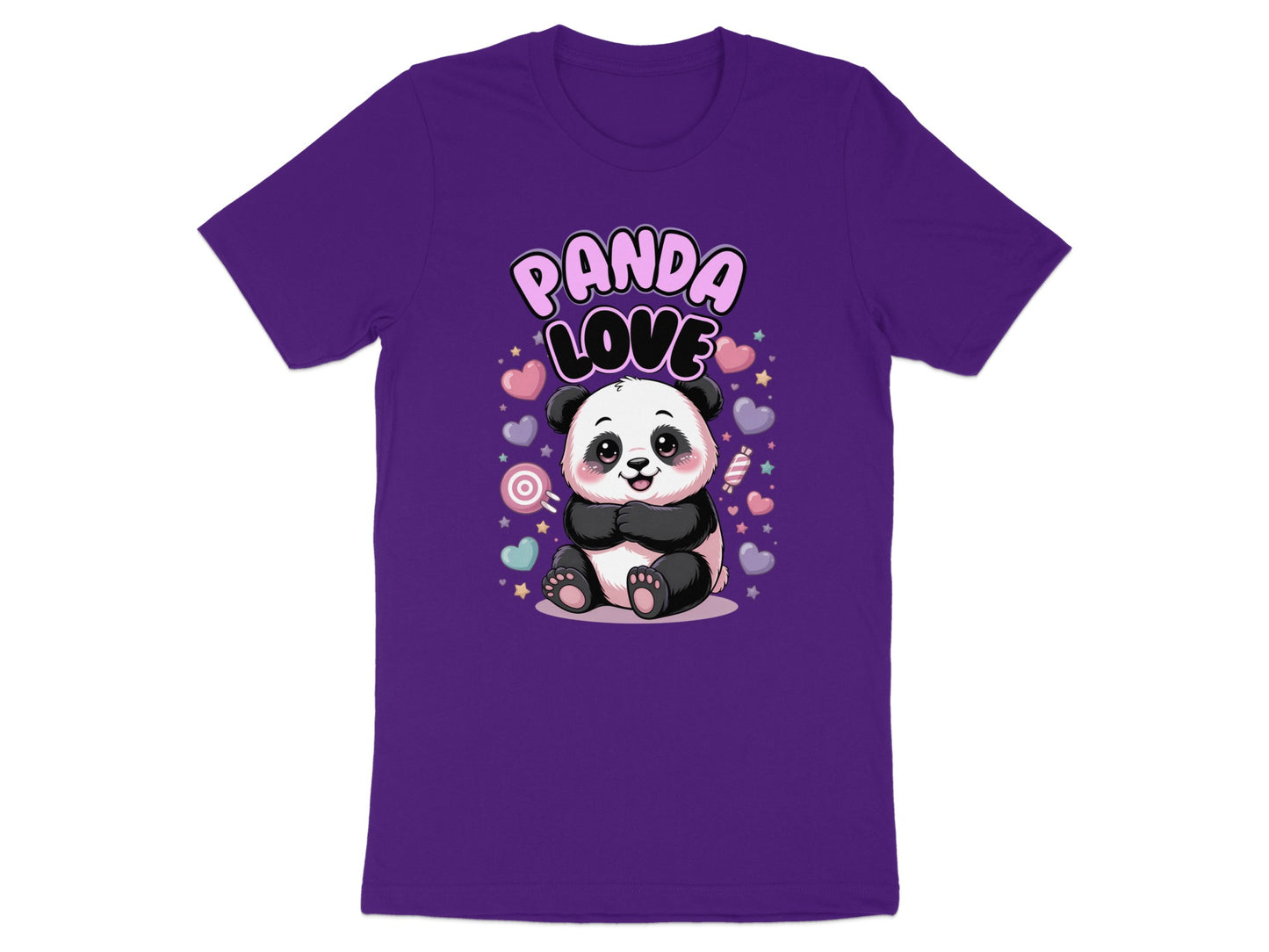 Purple t-shirt with cute panda graphic and "Panda Love" text surrounded by hearts.