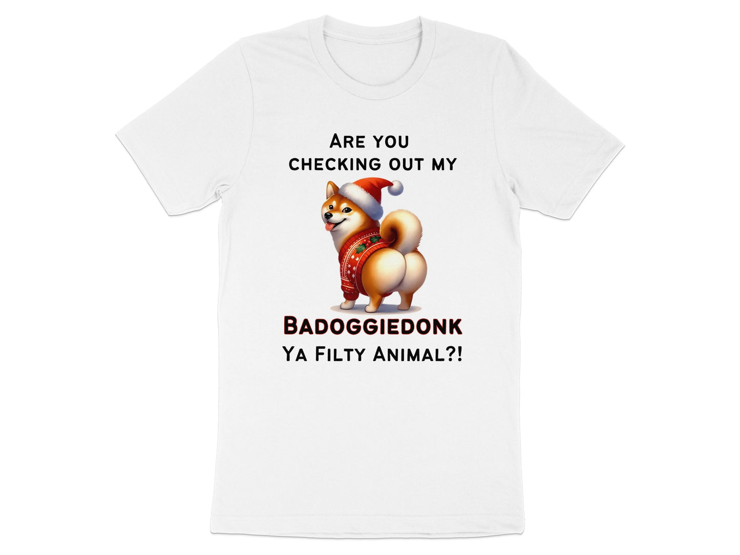 White t-shirt with Shiba Inu dog wearing Santa hat and sweater, with text.