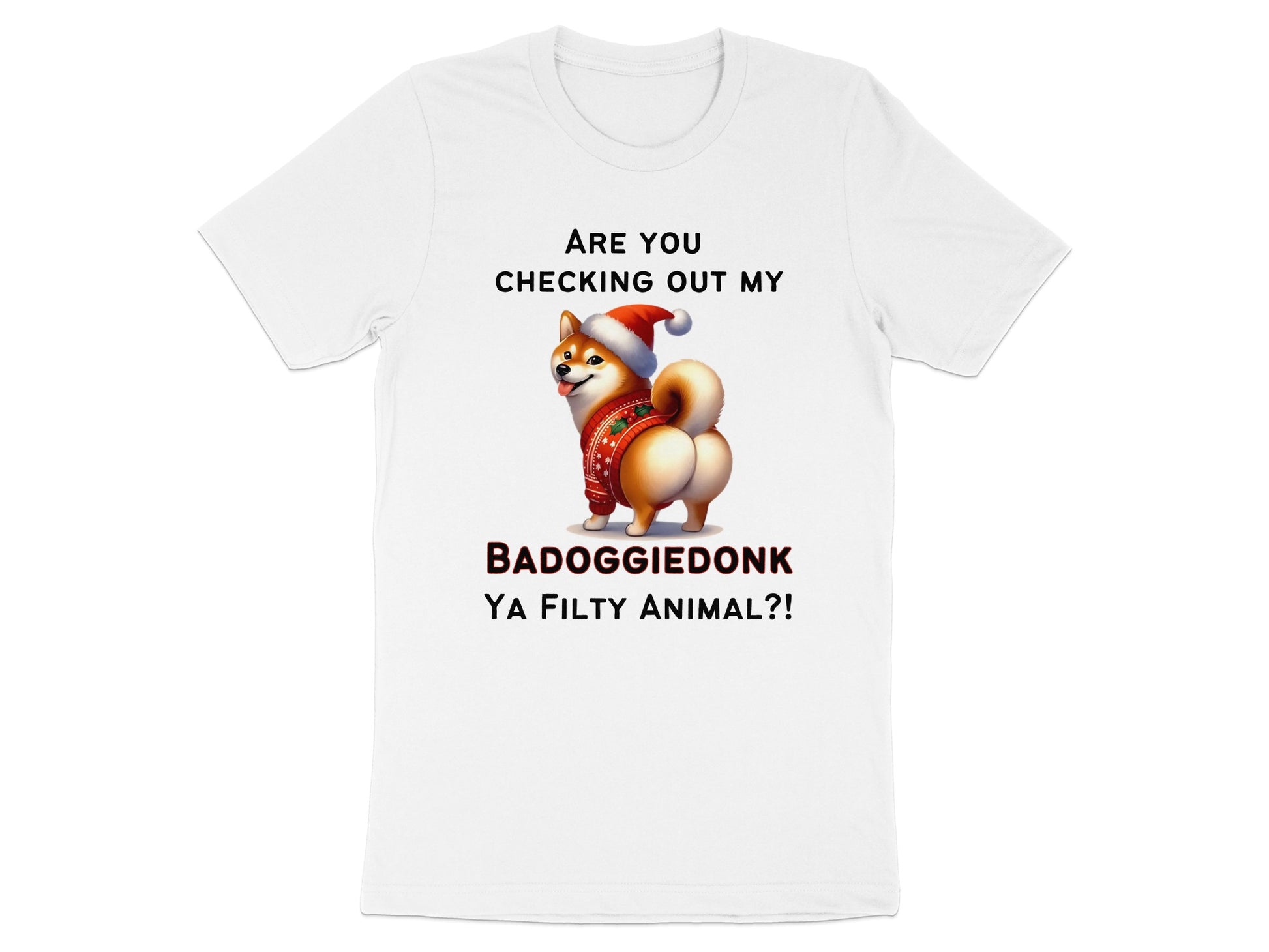White t-shirt with Shiba Inu dog wearing Santa hat and sweater, with text.