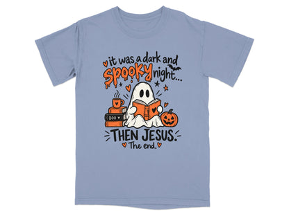 Ghost reading a book with "It was a dark and spooky night... Then Jesus. The end."