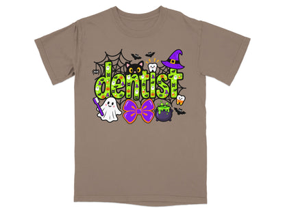 Halloween dentist graphic with cute characters and dental elements on a t-shirt.