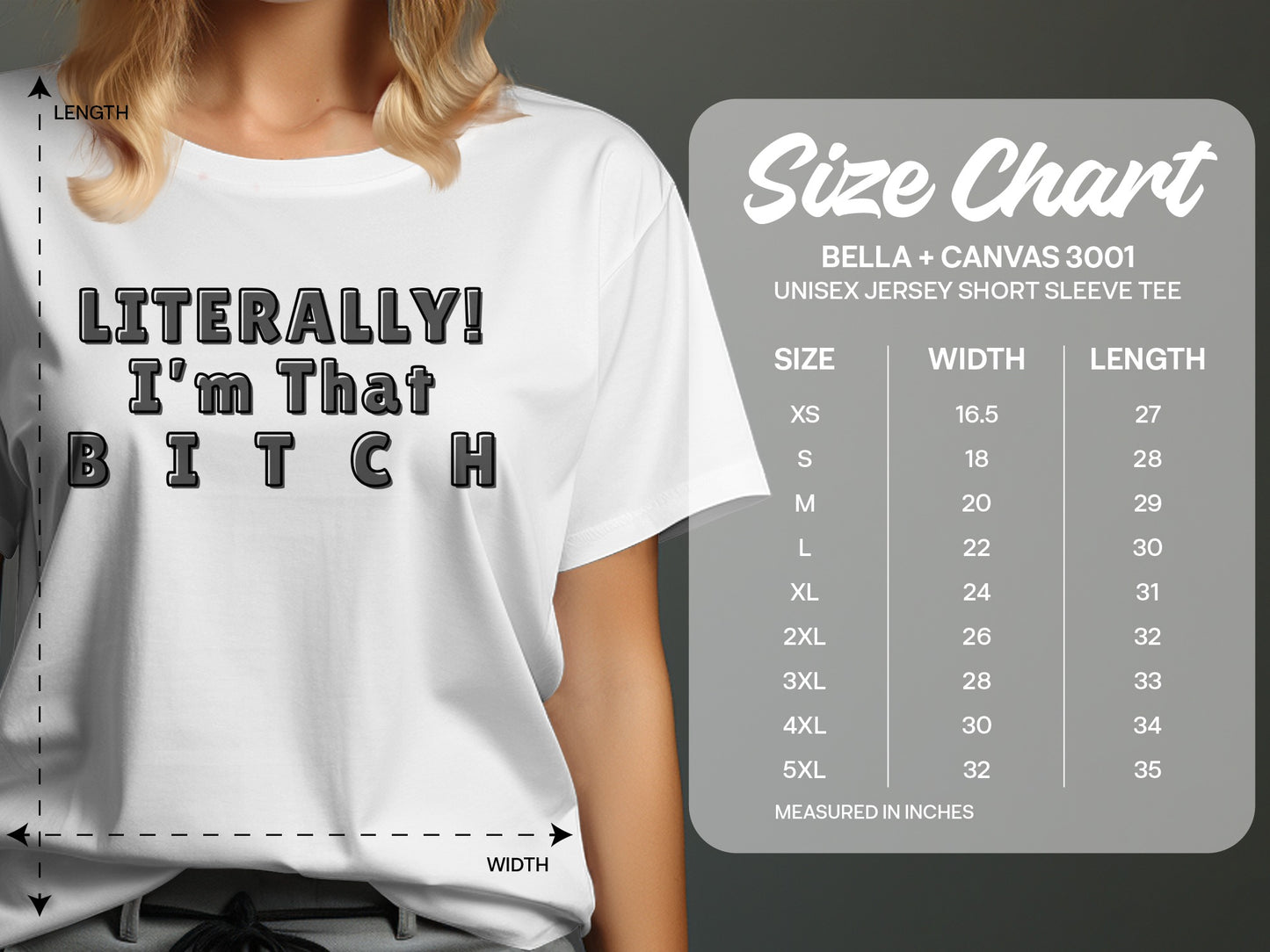 Size chart for Bella + Canvas 3001 unisex short sleeve tee including dimensions.
