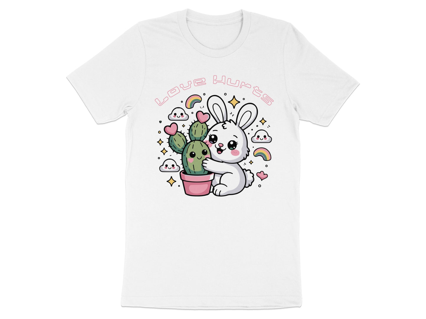 Cute bunny hugging a cactus with "Love Hurts" text and colorful details.