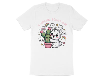 Cute bunny hugging a cactus with "Love Hurts" text and colorful details.