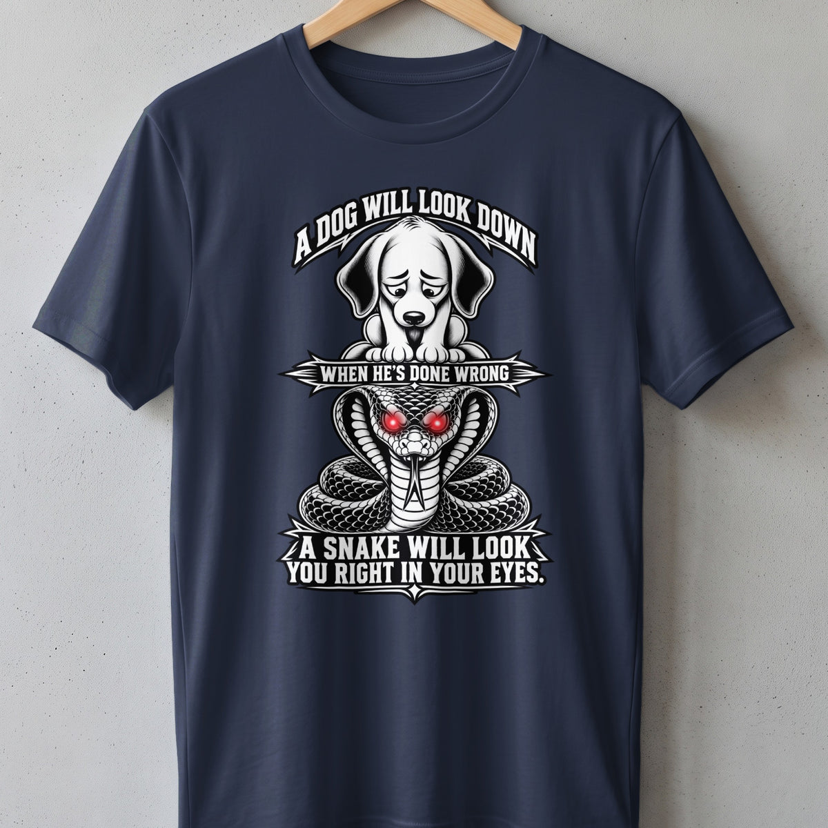 Dark blue t-shirt with a graphic of a dog above a snake and text.