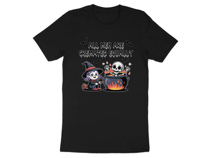 Black t-shirt with cartoon witch, skeleton, and cauldron graphic saying "All Men Are Cremated Equally".