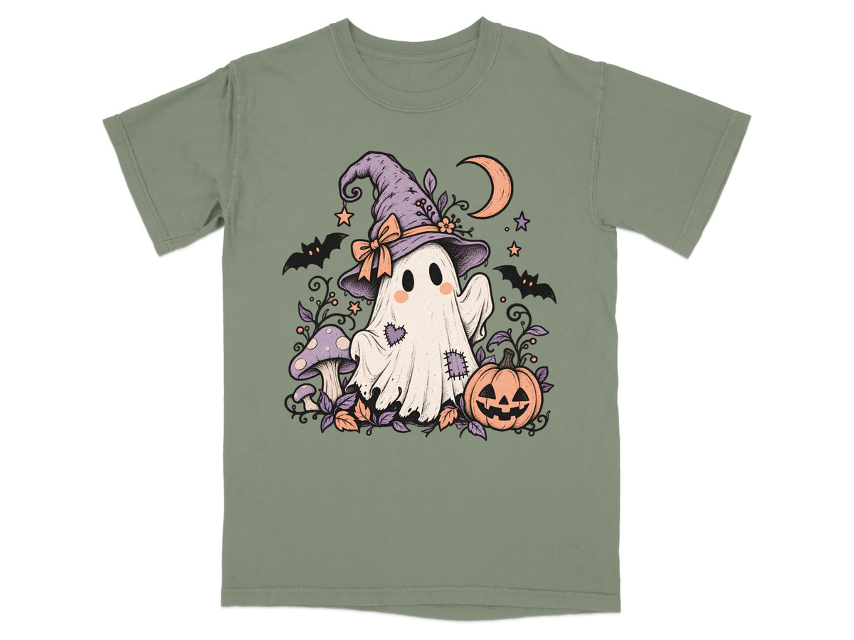 Ghost wearing a witch hat with bats, mushrooms, pumpkin, and crescent moon.