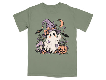 Ghost wearing a witch hat with bats, mushrooms, pumpkin, and crescent moon.